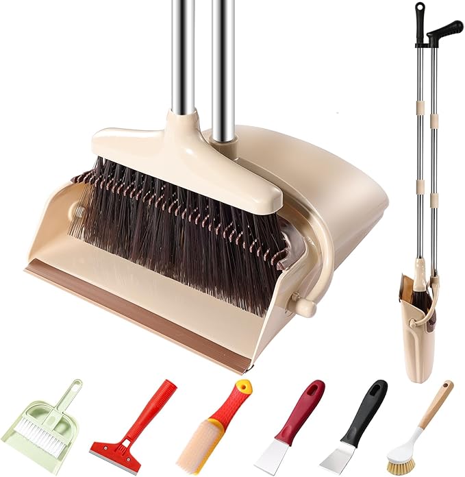 Broom and Dustpan Set with Long Handle ??Upright Standing Broom Combo with Self-Cleaning Teeth & Windproof Dustpan, Floor Sweeper for Home, Kitchen, Pet Hair, Indoor Outdoor Use