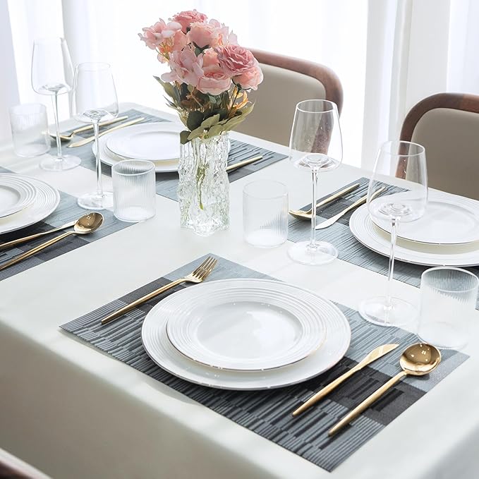 SUMYMERY Placemats Set of 4 Vinyl/Plastic Woven Place Mats for Kitchen Table Indoor/Outdoor Washable Placemat Wipeable Dining Table Mats (Ombre Silver Grey Black,4)