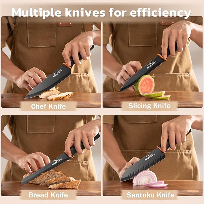 Amorston Knife Set, 22-Piece Kitchen Knife Set with Acrylic Block, Dishwasher Safe with Sharpener, High Carbon Stainless Steel, Anti-slip Ergonomic Handle, Black