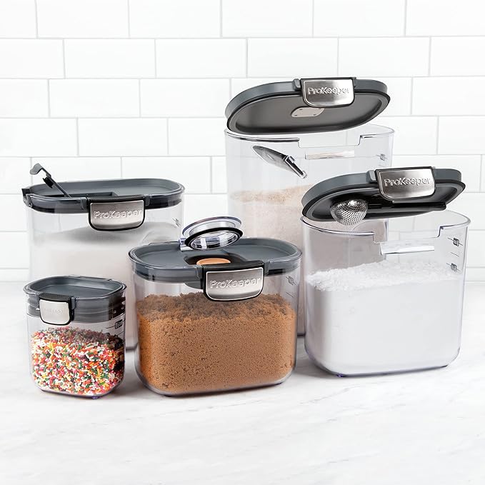 ProKeeper+ Airtight Food Storage Container Set ??Clear Plastic Flour and Sugar Canister Set with Magnetic Accessories for Kitchen Organization (Grey, 9-Piece)