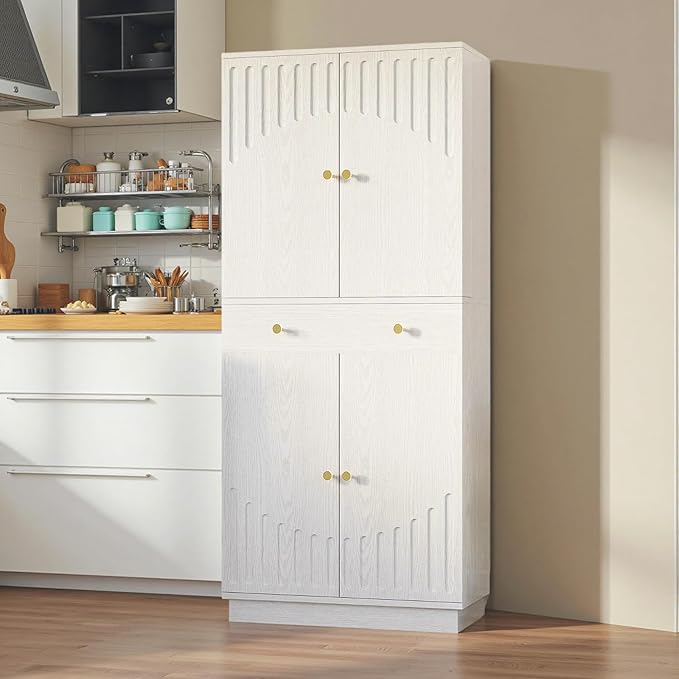 IRONCK Farmhouse Kitchen Pantry Cabinet, 72" Tall Pantry Cabinets with 2 Pull Doors and Drawer Organizing Board Storage for Home Kitchen Dining Room, White