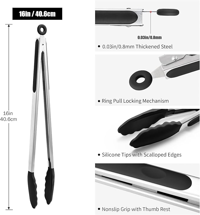 Doosu Kitchen Tongs for Cooking - 600째F Heat Resistant Food Tong with Non-Scratch Silicone Tips, Heavy Duty Stainless Steel Locking Tong for BBQ, Grilling Steak, Serving Salad, Pasta (16in, Black)