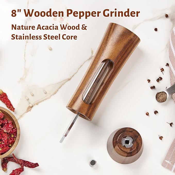 8 Inch Wooden Pepper Grinder, Acacia Wood Pepper Mill with Stainless Steel Core, Manual Pepper Mill with Comfort Grip & Effortless Grinding for Kitchen Cooking