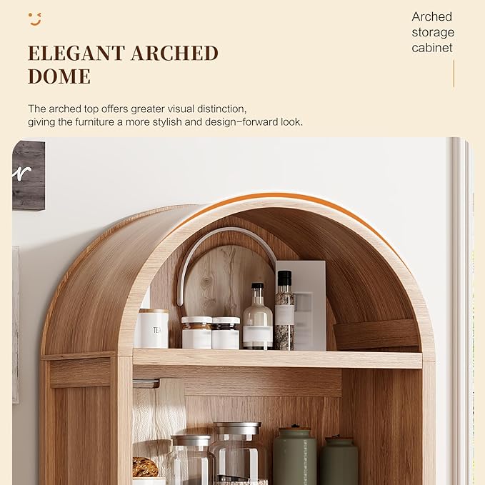 71" Tall Arched Kitchen Pantry,Modern Fluted Wood Storage Cabinet with Doors,Adjustable Shelves,Organizer, Versatile Cupboard for Kitchen,Living Room,Dining Room,Bathroom,Wood