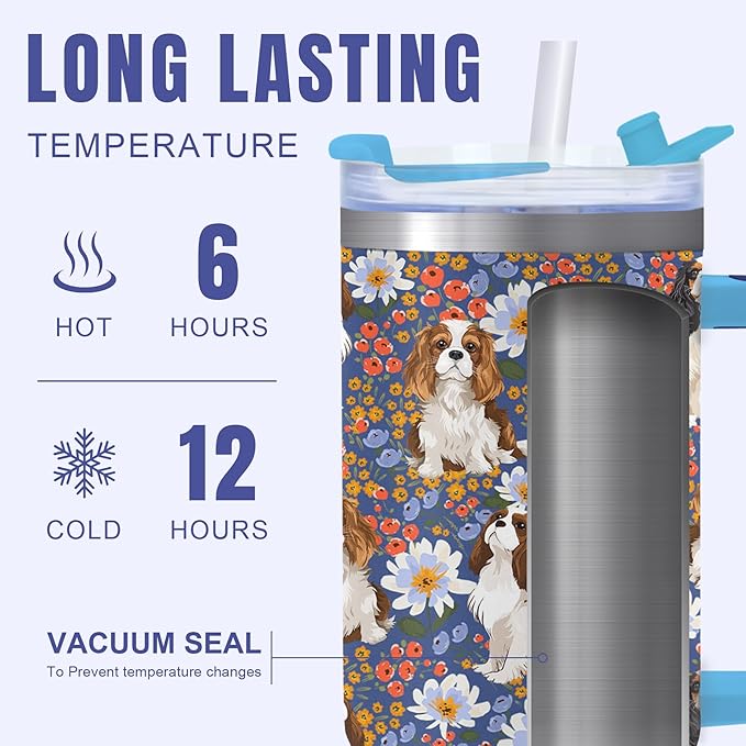 Yogusut Cavalier King Charles Spaniel Gifts for Women, 40oz Stainless Steel Insulated Tumbler Travel Mug Cup with Handle Straw, Gifts for Dog Mom Dog Lover