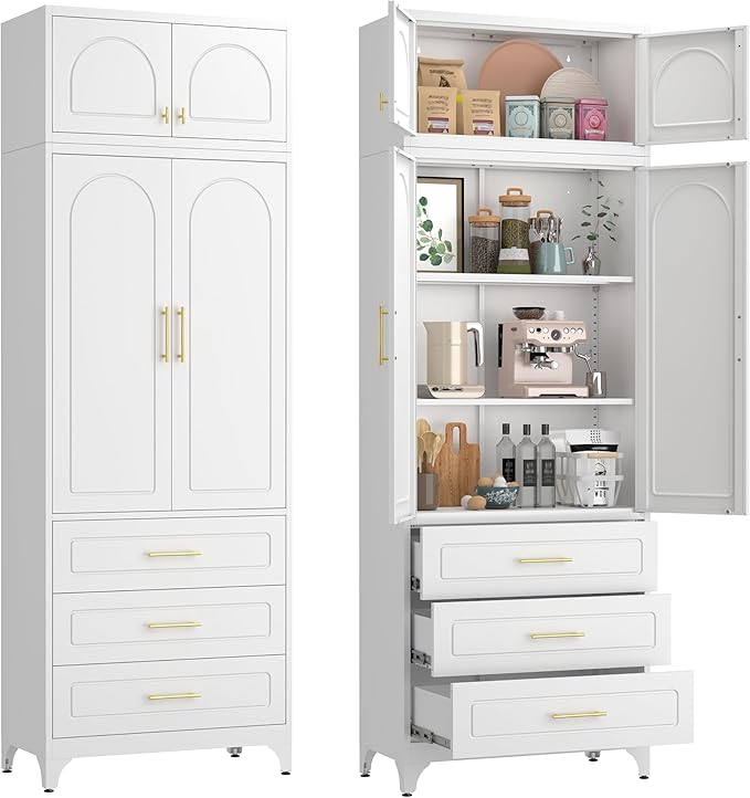 90??Tall Kitchen Pantry Cabinet,Metal Storage Cabinet with Doors and Adjustable Shelves,Modern Kitchen Hutch Cabinets,Freestanding Cupboard for Dining Room