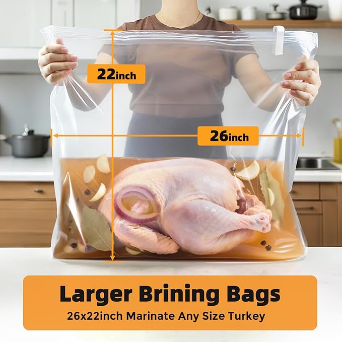 Turkey Brine Bag, Brining Bags for Turkey 25LB and Above with 3 Strings and Clips, Gifts for Mom, Dad or Men Who Loves Cooking in Kitchen, 26"x 22" Size Used for Marinating Turkey and Meat; 3PCS