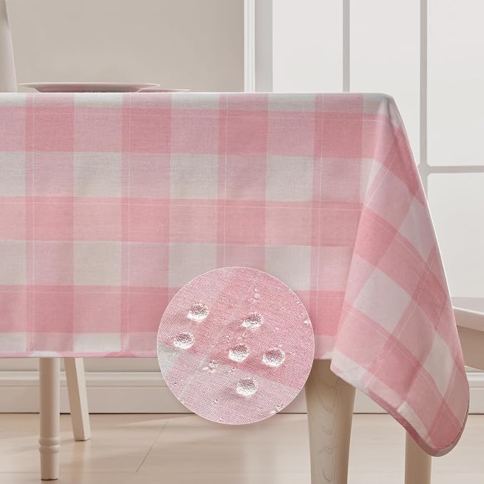 BALCONY & FALCON Gingham Table Cloth Rectangle ??Reversible Water-Resistant Cotton Checkered Tablecloth for Outdoor Picnic, Camping, Kitchen, Holiday Party Decor (Pink White, 55x71 Inch)