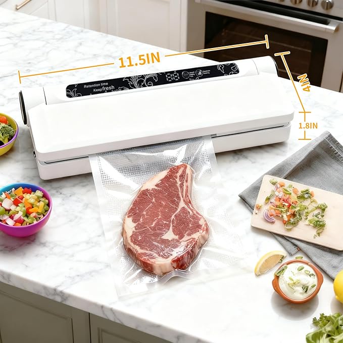 75 kPa Food Vacuum Sealer, Powerful Suction, Dry/Wet Modes for All Food Needs, Low-Temperature Slow Cooking, Countdown Timer, Lightweight and Portable, Includes 20 Sealing Bags, Ideal for Home Use