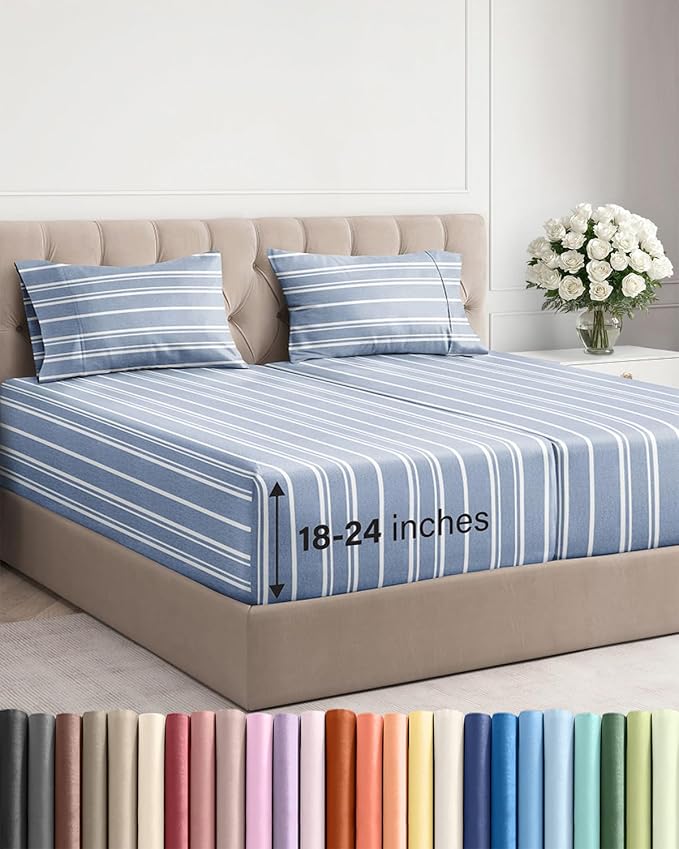 Extra Deep Pocket Split King Sheets - 5 Piece Breathable & Cooling Bed Sheets - Hotel Luxury Bed Sheet Set - Soft, Wrinkle Free & Comfy - Easily Fits Extra Deep Mattresses - Blue Striped Sheets Set
