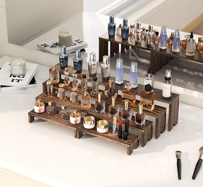 4 Set Large Wooden Tiered Riser Display Stands for Vendor Events,Stackable Perfume Organizer Cologne Stand for Men Women,Wooden Cupcake Dessert Stand,Wood Dessert Table Display Set,Food Display Risers for Party（12-11.2-10.4-9.6IN）