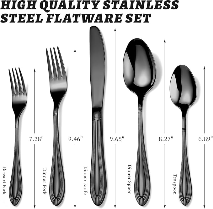 TIVOLI Silverware Set for 6, 30 Piece Heavy Duty Stainless Steel Flatware Utensils Cutlery Set Including Steak Knife Fork and Spoon, Dishwasher Safe, Gift Package for Wedding Housewarming (Black)