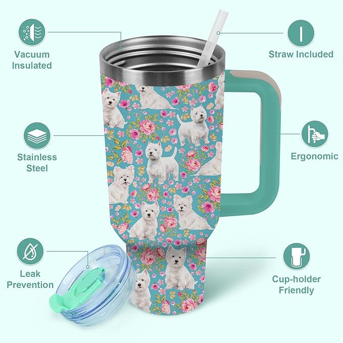 Yogusut Westie Gifts for Women, 40oz Stainless Steel Insulated Tumbler Travel Mug Cup with Handle Straw, Gifts for Dog Mom Dog Lover
