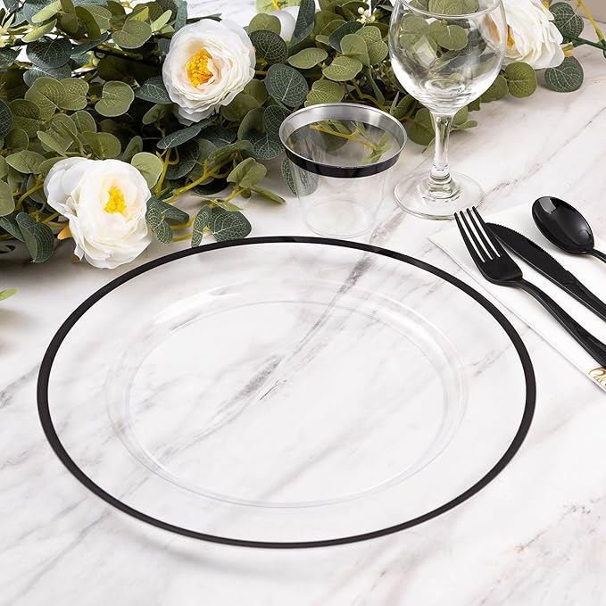 Goodluck 12 Inch Black Charger Plates, 50 Pack Clear Charger Plates with Black Trim, Disposable Plastic Dinnerware, Wedding, Party
