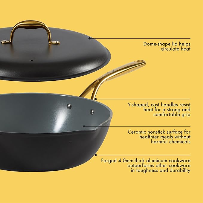 Frok 13" Frying Pan Wok Skillet 4MM Thick Quick Heat Aluminum Cookware w/Aluminum Lid Premium PFA Free Ceramic Nonstick Interior & Heat Resistant Exterior - Induction - Black & Gold