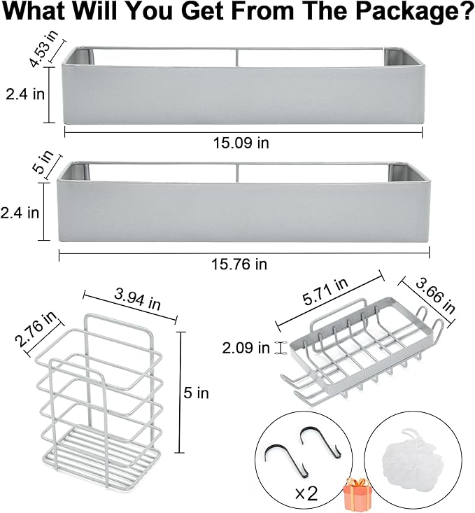 Premium Shower Caddy, Adhesive Bathroom Shower Organizer and Storage, No Drill Shower Shelves for Inside Shower, Rustproof Shower Storage Rack 4 Pack Silver