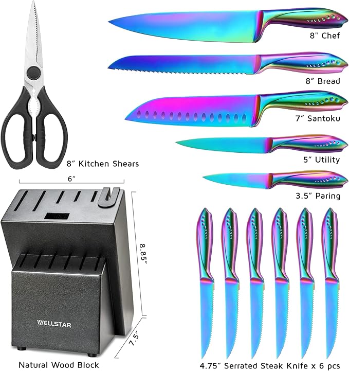 WELLSTAR Rainbow Knife Set 14 Pieces, Iridescent German Stainless Steel Kitchen Knives Set with Wooden Block, Colorful Titanium Coating, Chef?셲 Knife Block Set with Scissors and Built-in Sharpener