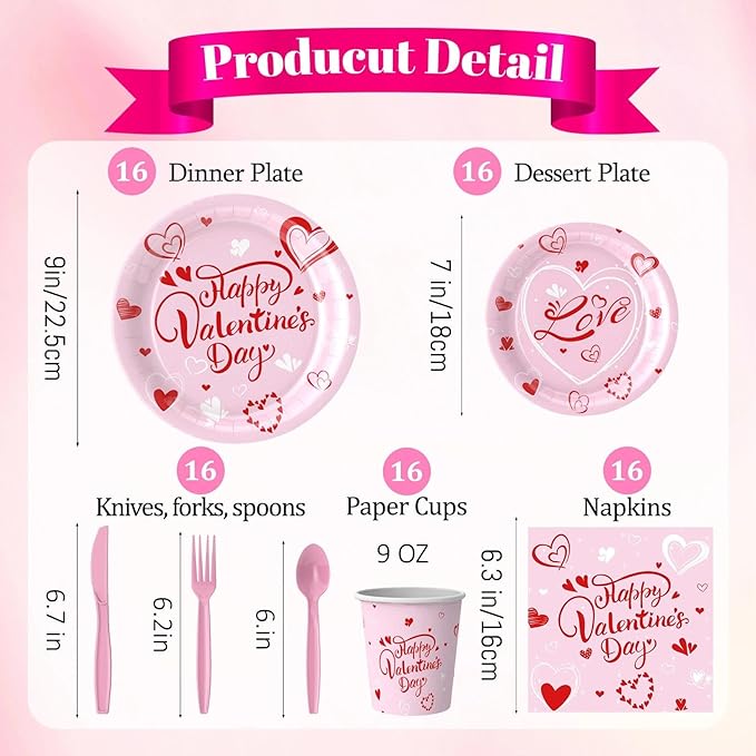 Valentines Day Tableware Set Sweet Heart Dinnerware Pack with Paper Plates, Cups, Napkin, Knives, Forks, Spoons - Valentine?셲 Day Party Supplies for Wedding,Anniversary, Birthday,Gatherings,Serves 16