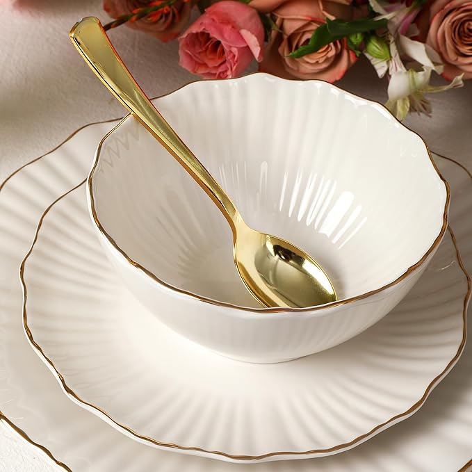 Christian Siriano Zinnia Porcelain Dinnerware Set, 24-Piece Plates and Bowls Set, White and Gold Dish Set for 8, Scalloped Edge, Hand Wash Only
