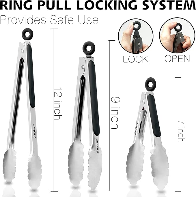 Anaeat Premium Kitchen Locking Tong Set of 3 - Heavy Duty Stainless Steel Food Tongs with Long Handle & Non-Slip Silicone Grip for Cooking, Baking, Grilling - Heat Resistant up to 480째F