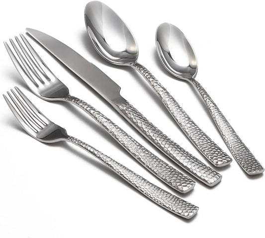 Hammered silverware set, 40 Piece Stainless Steel Flatware Set for 8, Food-Grade Tableware Cutlery Set for Home Restaurant, Mirror Polished, Dishwasher Safe