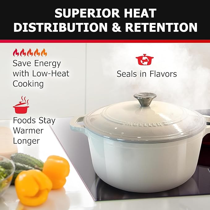 MUELLER HOME 7.5 QT Enameled Cast Iron Dutch Oven, Heavy-Duty Casserole Dish and Braiser Pan with Lid and Stainless Knob, Oven-Safe up to 500째 F & Across All Cooktops, Oyster White