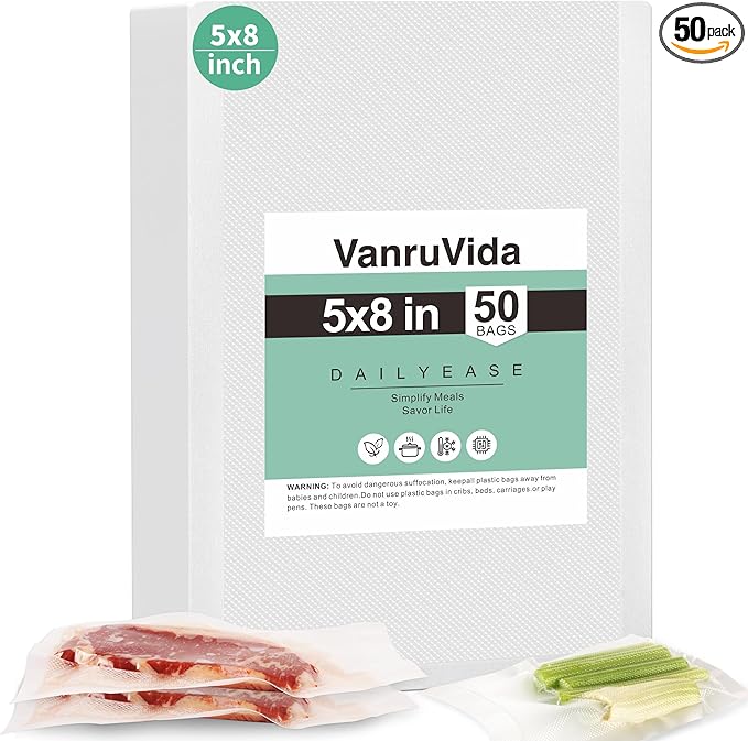 VanruVida Small Pint Size Vacuum Sealer Bags, 50 Count 5??x 8??BPA Free,Commercial Grade Textured Pre-Cut Seal Bags,BPA Free Food Storage Bags for Freezer, Meal Prep, or Sous Vide