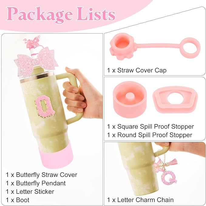 uxcell 8Pcs Cup Accessories Set for Cup Tumbler with Handle, Including Silicone Straw Cover, Boot, Spill Proof Stopper, Handle Charm, Initials Sticker(Letter Q, Pink)