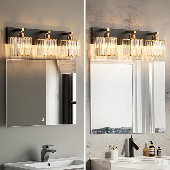 Modern Bathroom Vanity Light 3-Lights Black Gold Crystal Bathroom Wall Light Vanity Light Fixturesï¼?0.47-inch Modern Minimalist Design