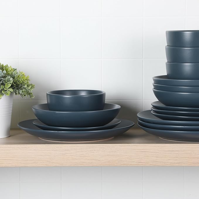 Gibson Home Queenslane 16-Piece Matte Blue Stoneware Dinnerware Set ??Double Bowl Plates and Bowls, Durable Kitchen Dinner Set