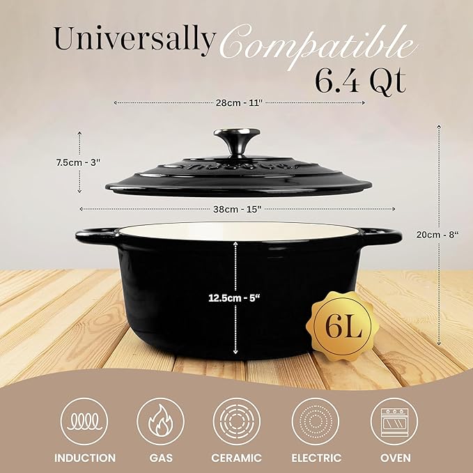 Nuovva Enamelled Cast Iron Dutch Oven Pot with Lid ??6.4 Quart Non Stick Casserole Pot ??Heavy Duty & Oven Safe up to 500째 F for Bread Baking, Braising, Stews, Roasting ??28cm Black