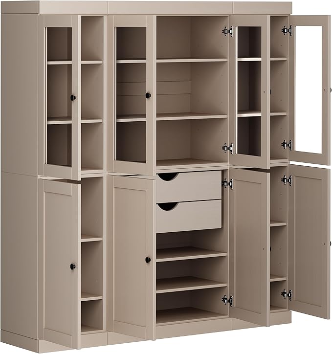 Palace Imports 100% Solid Wood Kitchen China Pantry Cabinet, 65" W - 4 Clear Glass & 4 Shaker Doors, Renewable Eco-Friendly Wood, Made in Brazil (Beige, 8 China/Shaker Doors | 2 Drawers)