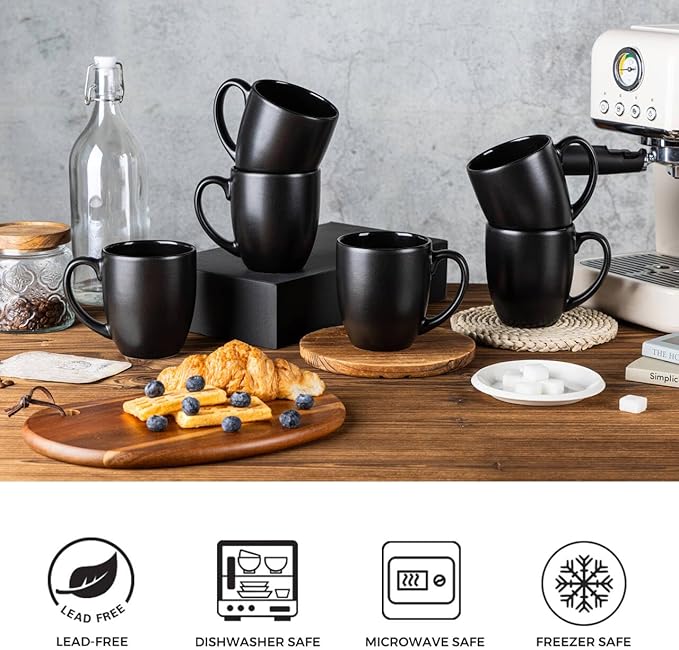 GBhome 16oz Coffee Mugs Set of 6, Large Ceramic Coffee Mugs for Man, Woman, Dad, Mom, Modern Coffee Mugs Set with handle for Tea/Latte/Cappuccino/Milk/Cocoa. Dishwasher&Microwave Safe,Matte Black