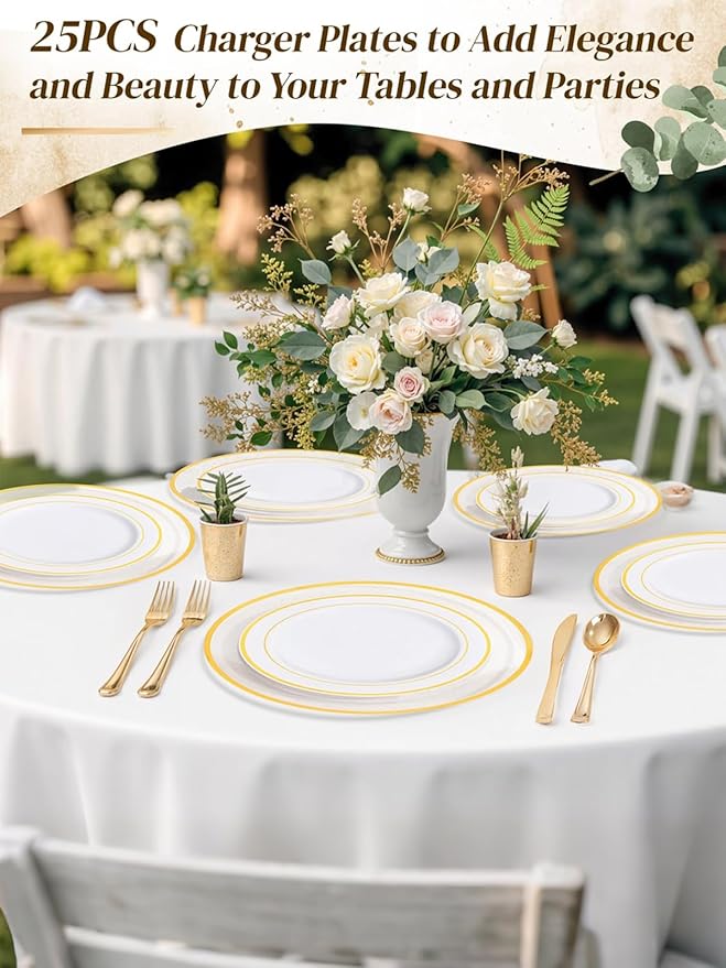 WDF 25Pack Gold Charger Plates - 12inch Clear Chargers with Gold Trim - Clear Plates Disposable for Dinner Wedding Birthday Valentine's Day