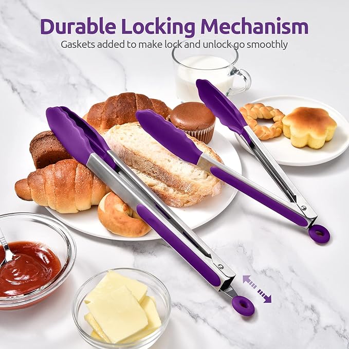 600쨘F Heat Resistant Kitchen Tongs: U-Taste 9+12 inch Silicone Cooking Tong Set with Firm Sealed Non Stick Rubber Tips and Silicon Coated 18/8 Stainless Steel Handle for Serving Grilling Salad(Purple)