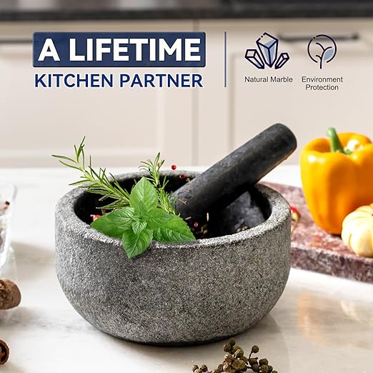 Koville Granite Mortar and Pestle Set, 7"-4 Cups Unpolished Stone Grinder Bowl for Guacamole, Salsa, Pill Crusher, Spice, Herb, Garlic, Nut, Heavy Duty Grinder for Kitchen(Angola Silver Black)