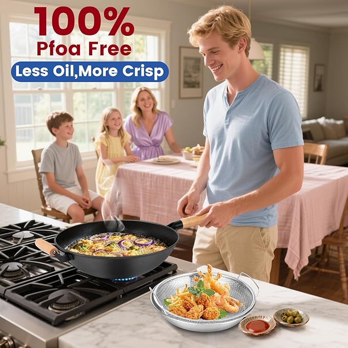 AOSION 13'' Nonstick Wok, Cast Iron Wok with Lid, 5 PCS Wok Pan & Stir-Fry Pans Set with Oil Filter Tray and Spatula, No Chemical Coated Flat Bottom Chinese Woks Pan for All Stoves