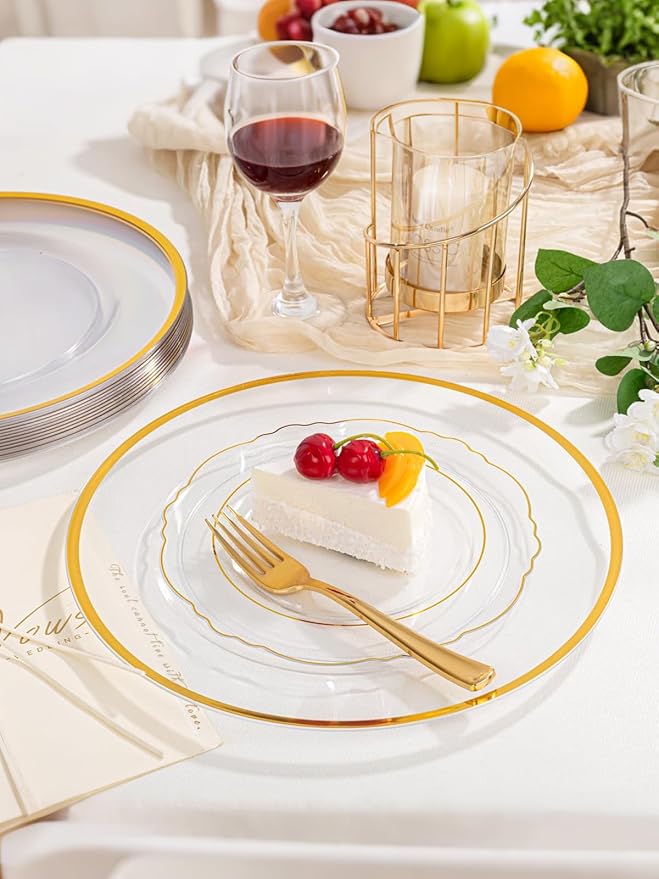 WDF 25Pack Gold Charger Plates - 12inch Clear Chargers with Gold Trim - Clear Plates Disposable for Dinner Wedding Birthday Valentine's Day