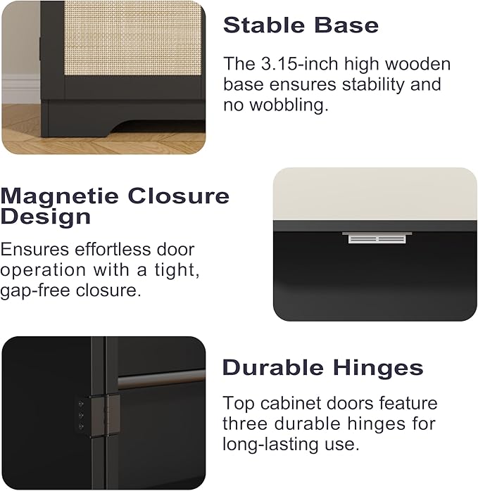Rattan 72" Tall Kitchen Pantry Cabinet with 4 Doors, Boho Cabinet with Adjustable Shelves, Modern Mid Century Food Pantry with Storage, Freestanding Cupboard for Living Room, Bathroom, Black