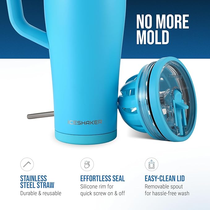 Ice Shaker 40 oz Tumbler with Handle and Straw | 40oz Caribbean Blue | Cold for 30+ Hours | 2-in-1 Tumbler Shaker Bottle | Odor-Free 40 ounce Bottle for Water, Protein Shakes, Smoothies, Cocktails