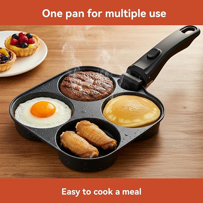 4-Cup Egg Pan Nonstick, Aluminum Omelette Pan with Detachable Handle, Fast Heating Breakfast Omelette Skillet for Fried Eggs Cooker, Pancakes, Suitable for Gas Stove & Induction Cookware