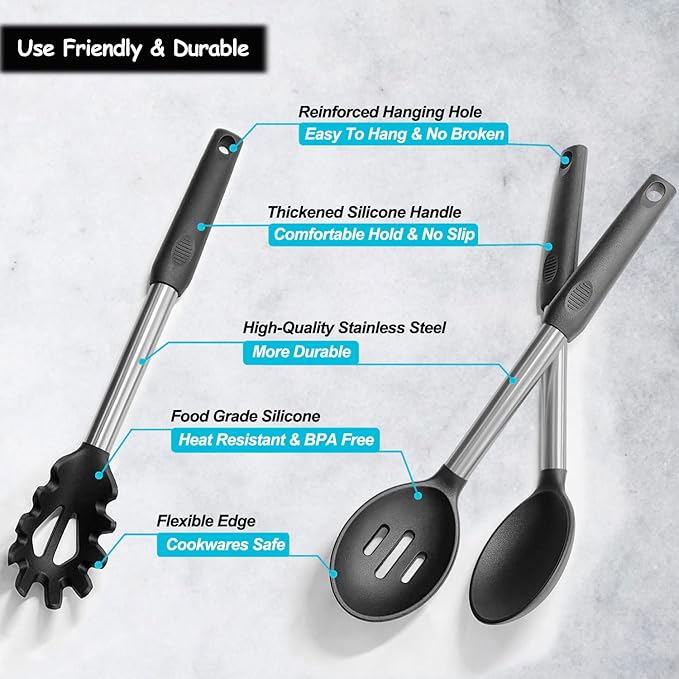 Silicone Spatula and Cooking Spoon,5 Pack Non-Stick Cooking Utensils for Kitchen竊똇eat Resistant Solid & Slotted Spoons and Spatulas, Stainless Steel Handle Coated with Silicone,Black