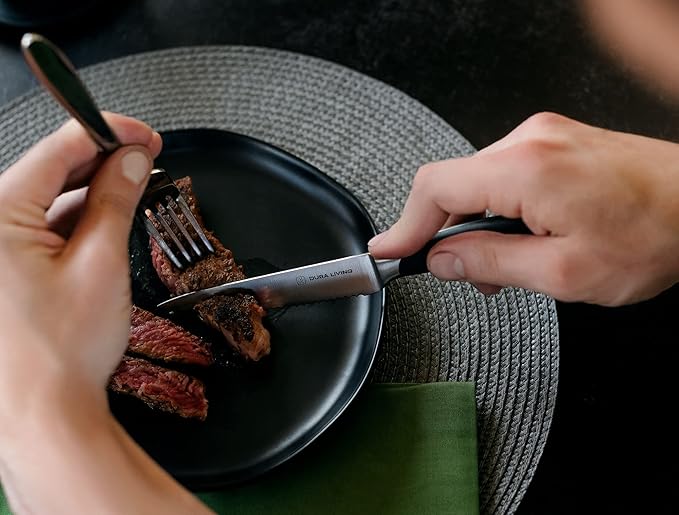 DURA LIVING 8-Piece Serrated Kitchen Steak Knife Set ??Forged High Carbon Stainless Steel, Ultra Sharp, Ergonomic Black Handles, Durable Dinner Knives, Black Handle