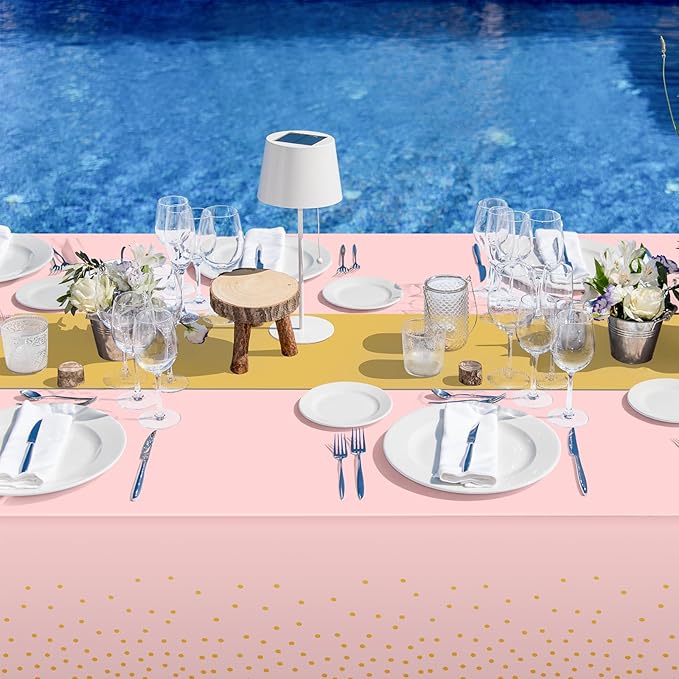 16Pack Disposable Plastic Tablecloths and Satin Table Runner Set Pink and Gold Dot Tablecloth Gold Satin Table Runner for Wedding Birthday Baby Shower Anniversary Christmas New Year Party Supplies