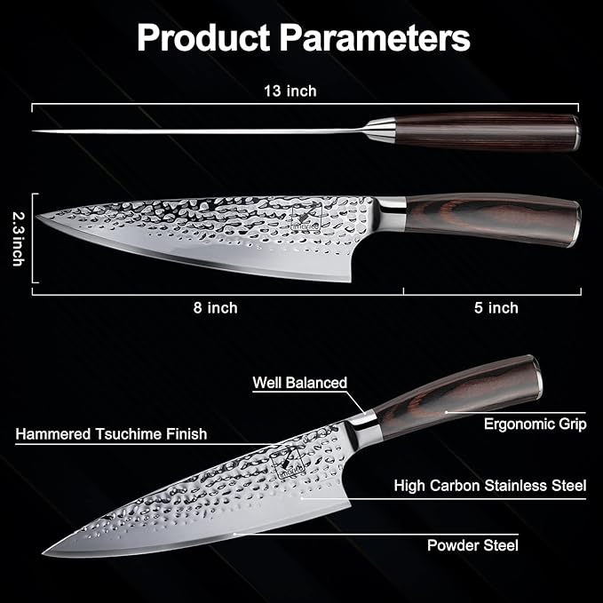 imarku Damascus Chef Knife, 8 Inch Kitchen Knife Ultra Sharp Cooking Knife HC German Stainless Steel Japanese Knife for Kitchen, Hand-Hammered Design, Ergonomic Handle, Christmas Gifts for Men Women