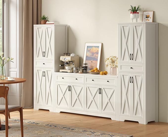 Lyromix 3 Pieces Sideboard and Pantry Set with Storage, White Farmhouse Wall Unit Entertainment Center, Large Kitchen Sideboard Buffet Pantry Cabinet with Drawers