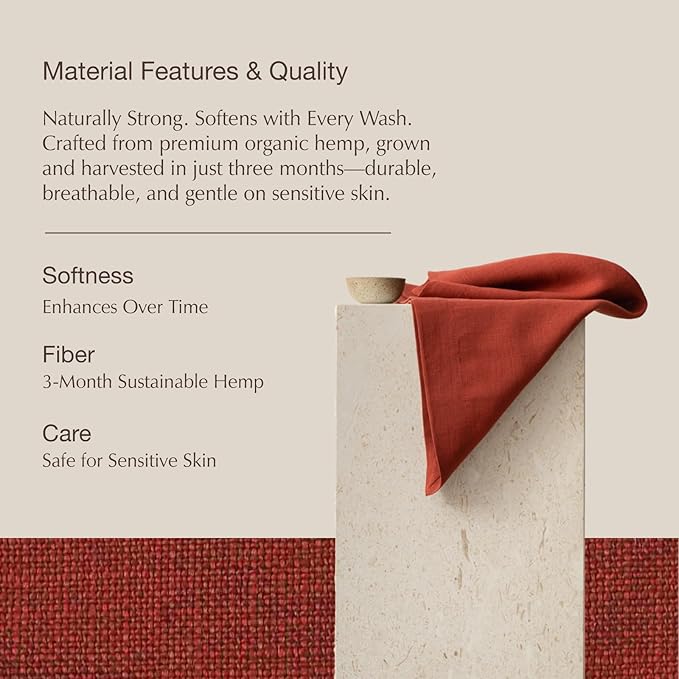 KNOKNO Home Pure Hemp Placemats 18 x 12 Inch Set of 4 Handcrafted with Mitered Corners Natural Fabric,Machine Washable Table Mats for Dining Tables (Red Garnet, Placemats | Set of 4)