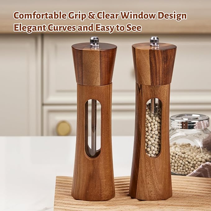 8 Inch Wooden Pepper Grinder, Acacia Wood Pepper Mill with Stainless Steel Core, Manual Pepper Mill with Comfort Grip & Effortless Grinding for Kitchen Cooking