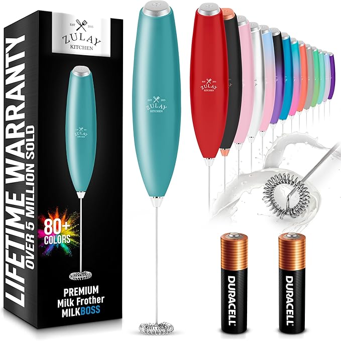 Zulay Kitchen Handheld Milk Frother with Duracell AA Batteries ??Ultra Fast Electric Mixer & Foam Maker, Easy-Clean Drink Mixer for Coffee & More - Caribbean Aqua 2B