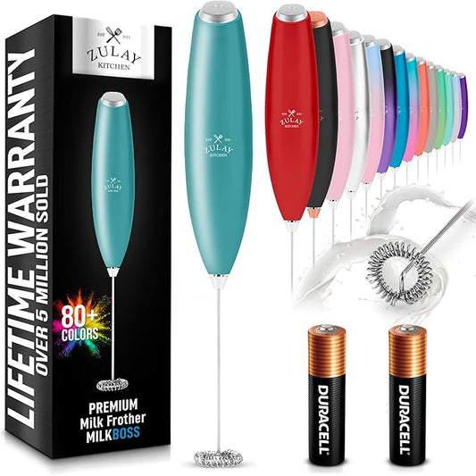 Zulay Kitchen Handheld Milk Frother with Duracell AA Batteries ??Ultra Fast Electric Mixer & Foam Maker, Easy-Clean Drink Mixer for Coffee & More - Caribbean Aqua 2B